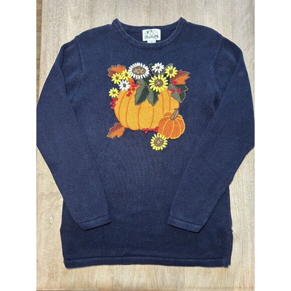 Quacker Factory Embroidered Fall Thanksgiving Navy Sweater Size XS - Picture 1 of 7